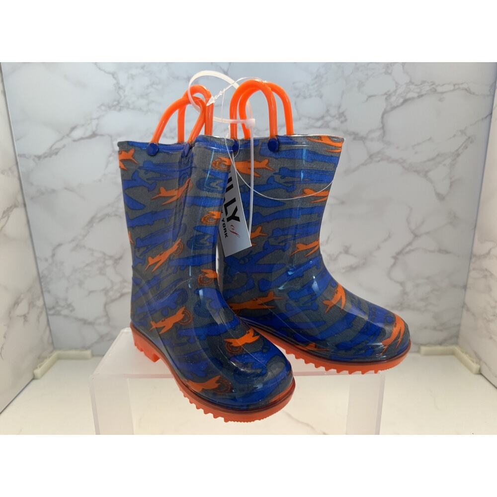 Lilly New York Rain Boots w/Handle Youth Size 8 Orange & Blue with Airplanes NEW